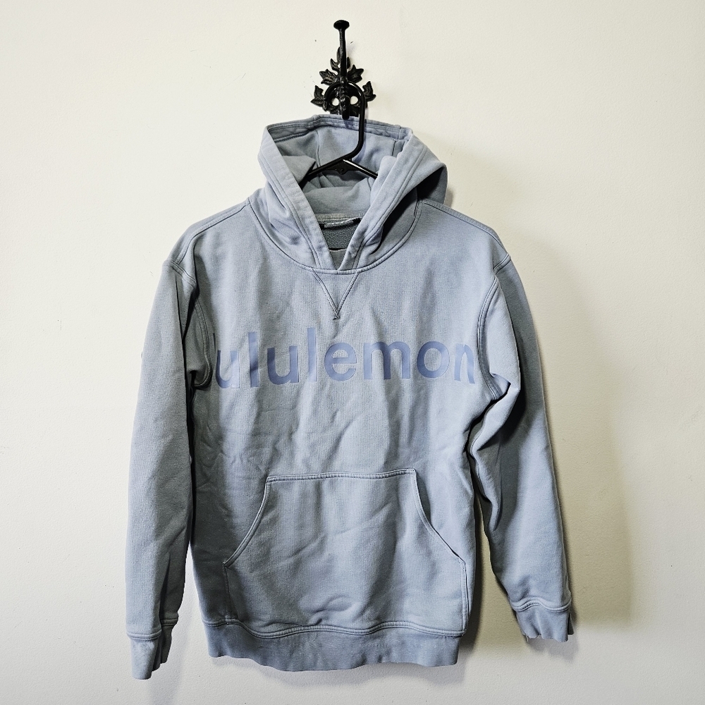 Lululemon All Yours Graphic Hoodie Size 6 Light Blue Spellout Logo
